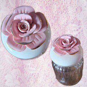 Pink Rose Ceramic and Glass Jar Romantic Cottagecore Accessory Organizer